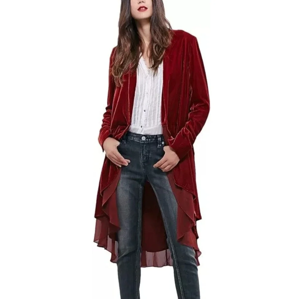 Urban CoCo Wine Red Velvet Cardigan Coat w/‎ Asymmetric Chiffon Hem Open Front M